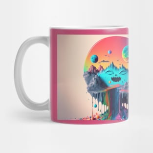 Full Moons Over Happy Mountains and the Rainbow River - Psychedelic Landscape - Paint Dripping 3D Illustration - Colorful Haunted Nature Scene Mug